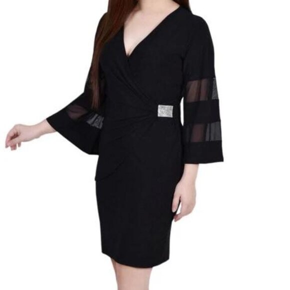 NY Collection Black Sheer-Sleeve Rhinestone Side Wrap Dress Petite Medium - Picture 2 of 4